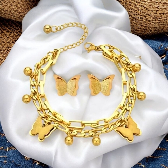 🆕️Elegant 18K Gold Plated Stainless Steel Butterfly Bracelet & Earrings Set 🦋 - Picture 1 of 13